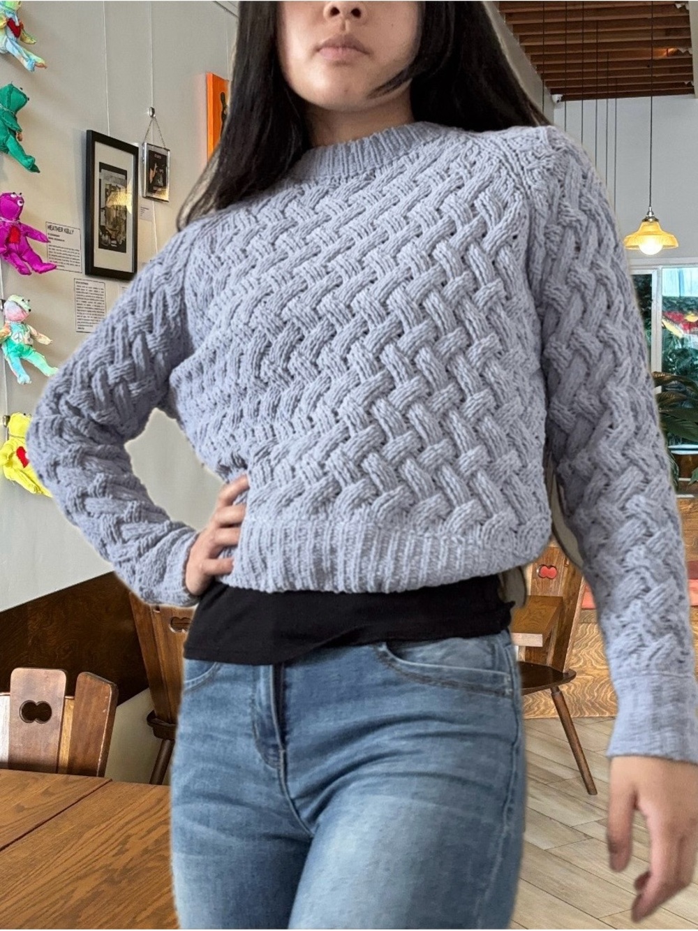 Kendall & Kylie Powder Blue Cable Knit Woven Teen Cropped Crew Sweater Jumper